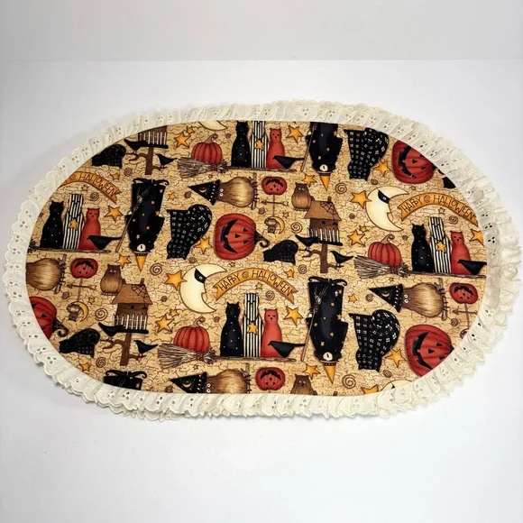 Halloween Themed Oval Placemat Lace Trim Witch pumpkin cat orange fall decor 3 - Picture 1 of 7